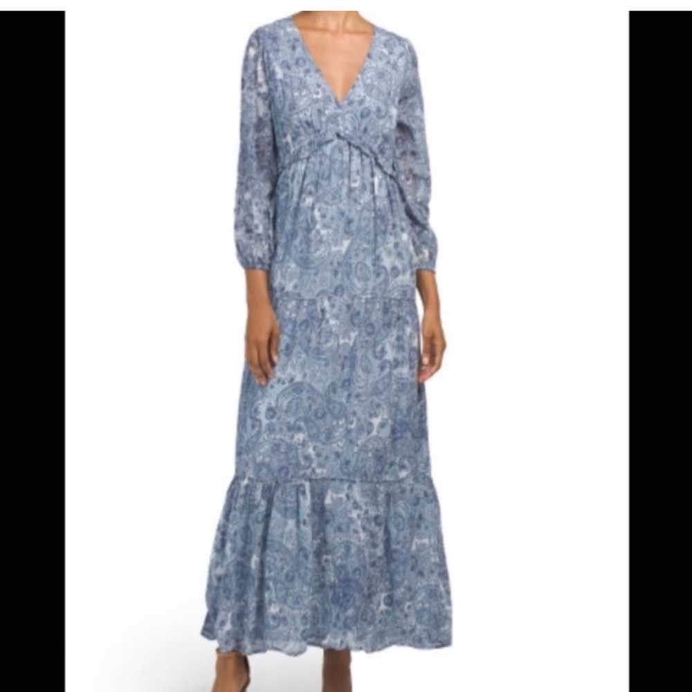 Rachel Zoe Paisley Print Blue Long Sleeve v-neck Maxi Tiered Babydoll Dress - Picture 6 of 8